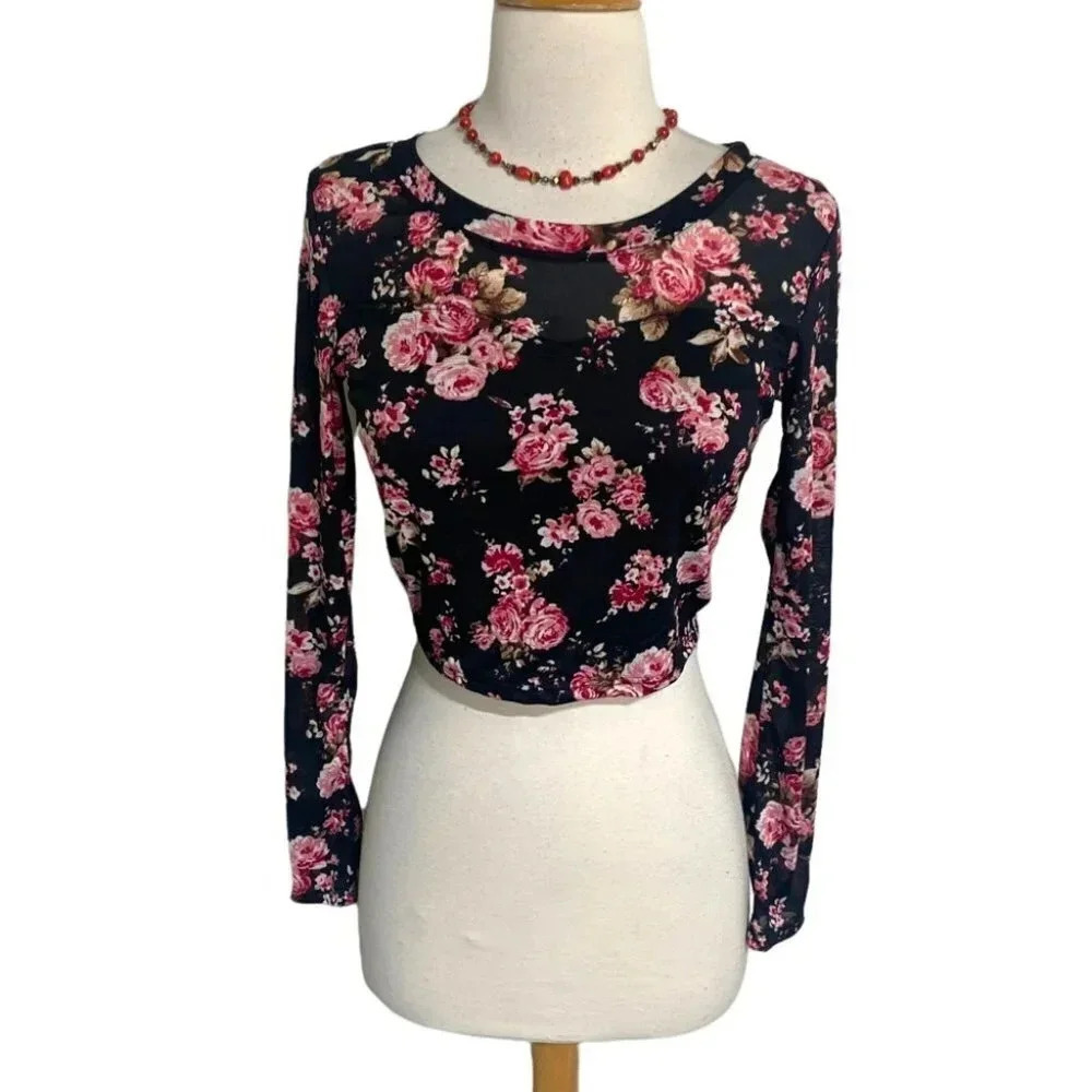 L.A. Hearts Floral Print Long Sleeve Crop Top Black Pink Roses Trendy Casual NEW